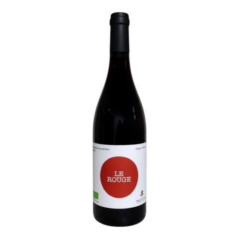 Les Grappes Grenache LE ROUGE 2023 red wine bottle with a white label featuring a red circle and organic certification.