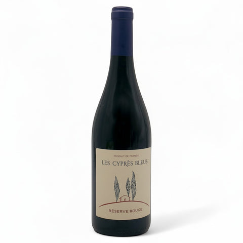 Les Grappes Les Cyprès Bleus Reserve Rouge French red wine bottle with a dark garnet color, blend of Merlot and Pinot Noir.